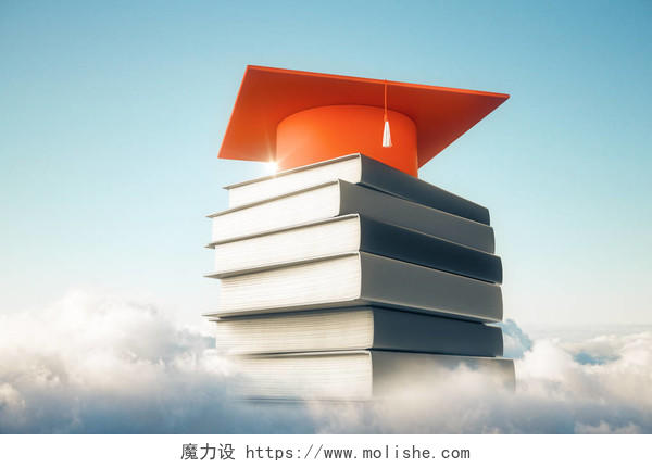 抽象书堆与毕业帽和梯子的天空与云背景美好毕业回忆读书分相会阅读世界读书日